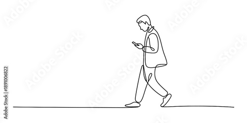 Single continuous line drawing of a man walking while looking at his smartphone Vector, illustration