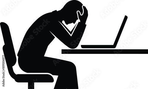 Stressed office worker silhouette sitting at desk with laptop showing burnout frustration mental health problem work pressure anxiety depression concept illustration