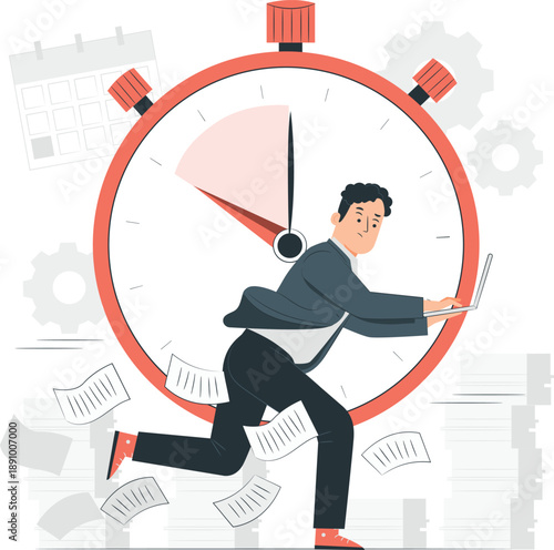 Man rushing against large clock surrounded by papers and gears