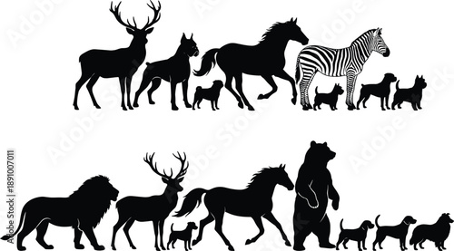 Wild and domestic animal silhouettes collection showing mammal species diversity including deer lion horse bear dog zebra isolated on white background illustration