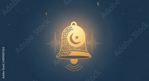 Glowing islamic crescent moon star bell symbol at night with dark blue background and celestial elements