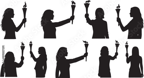Silhouettes of women holding torches in various poses and directions