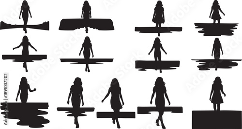 Silhouette of woman in various poses on paddleboard set