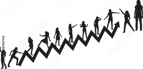 Silhouettes of people climbing up a zigzag staircase together