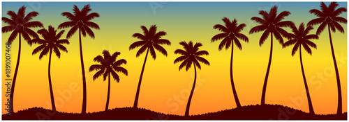 南国夕焼けヤシの木 横長風景イラスト / Tropical beach sunset panorama	