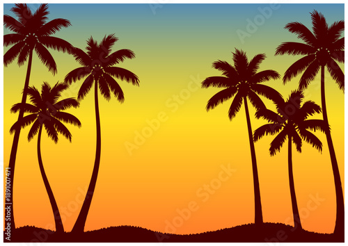 夕焼けとヤシの木 南国ビーチ風景（横長） / Tropical beach sunset landscape