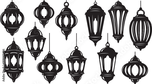 Collection of various hanging lanterns in black silhouette style
