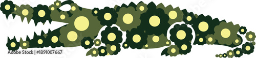 Abstract crocodile illustration with floral pattern in green and yellow tones, modern vector art