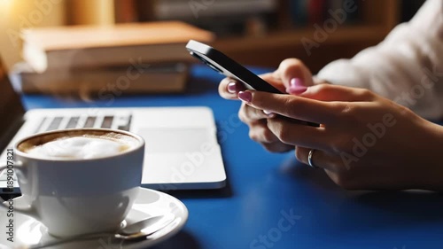 A person holding a cell phone with a cup of coffee on a blue table with a laptop and books in the background