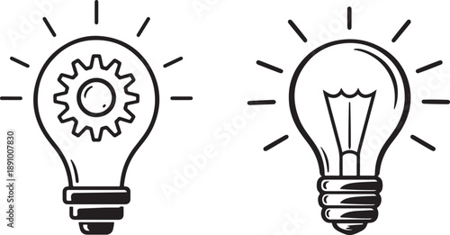 Two sketched lightbulbs one with gears one traditional radiating light