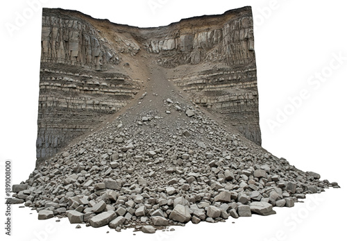 Cliff face with a large pile of rock rubble and debris at the base on a transparent background