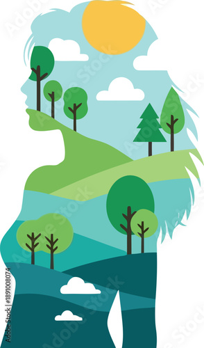 Double exposure silhouette of woman with nature landscape, trees, sun and hills, eco concept vector illustration