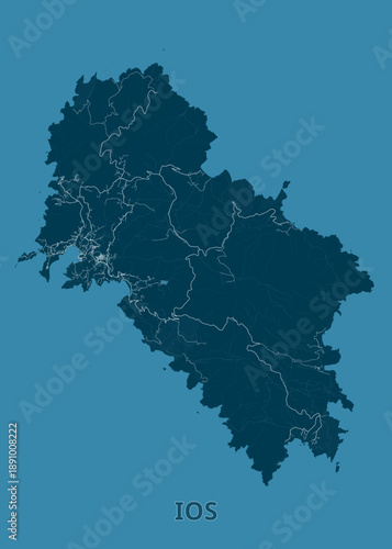 Map of the island of IOS. The map is rendered in shades of blue, with the island itself in a darker teal and the surrounding water in a lighter teal.