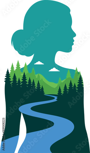 Double exposure silhouette of woman with forest landscape, river, and mountains in vector illustration