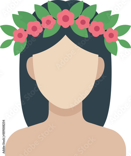 Flat vector illustration of woman with floral crown, faceless female avatar for spring or summer design
