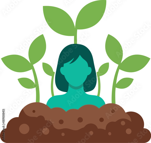 Eco-friendly growth concept illustration with woman and green plants sprouting from soil, symbolizing sustainability and nature