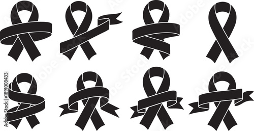 Black awareness ribbons on white background symbolism icons set