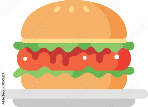 Flat vector illustration of a delicious hamburger with lettuce, tomato, and sauce on a plate, isolated on white background