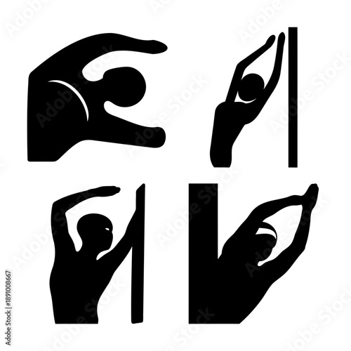 Essential stretching techniques depicted in simple black silhouettes for physical activity