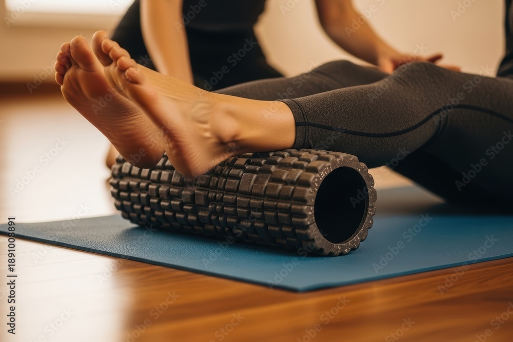 Obraz premium Woman using foam roller for leg stretching exercise