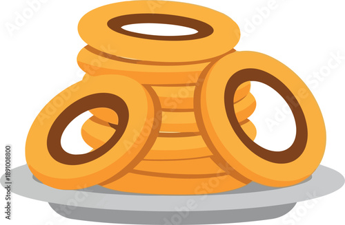 Crispy Golden Onion Rings on Plate Vector Illustration for Fast Food Menu Design