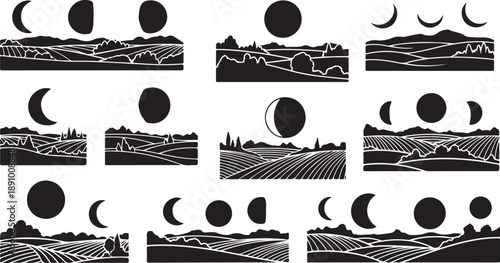 Phases of the moon over landscape illustrations in black