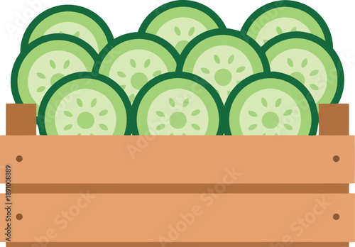 Fresh cucumber slices in wooden crate vector illustration for healthy food and organic market design