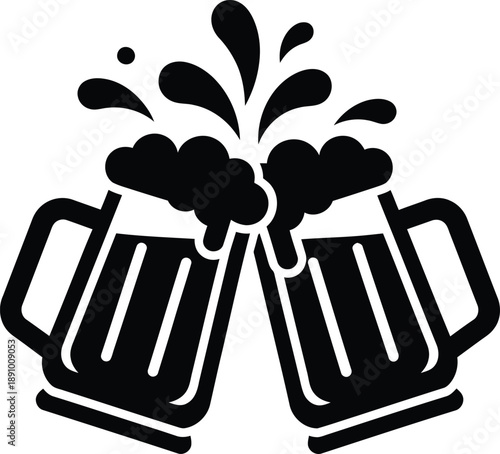 Silhouette of two beer mugs clinking together with frothy foam and bubbles against a white background evoking a celebratory toast. 