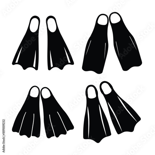 Collection of swimming and diving fins in various silhouettes for water sports