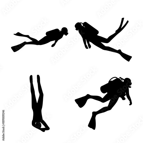Collection of black diver silhouettes demonstrating various underwater poses and movements