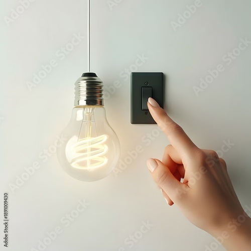 Energy Saving Concept with Eco Light Bulb and Finger Switching Off Power