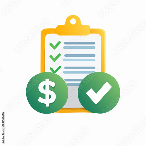 Bill payment icon featuring dollar sign and check mark representing financial transaction success and invoice documentation