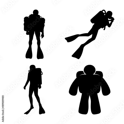 Dynamic black silhouettes of scuba divers showcasing various aquatic positions and gear