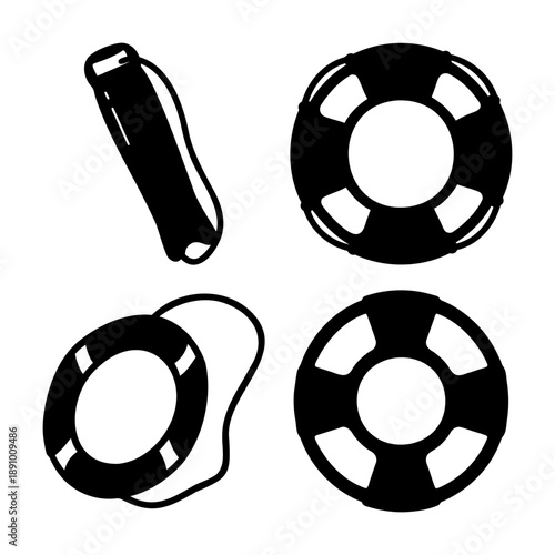 Essential water safety equipment and swimming aids illustration featuring lifebuoys and a float