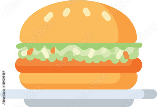 Flat Vector Illustration of Classic Hamburger with Lettuce on Plate for Fast Food Design