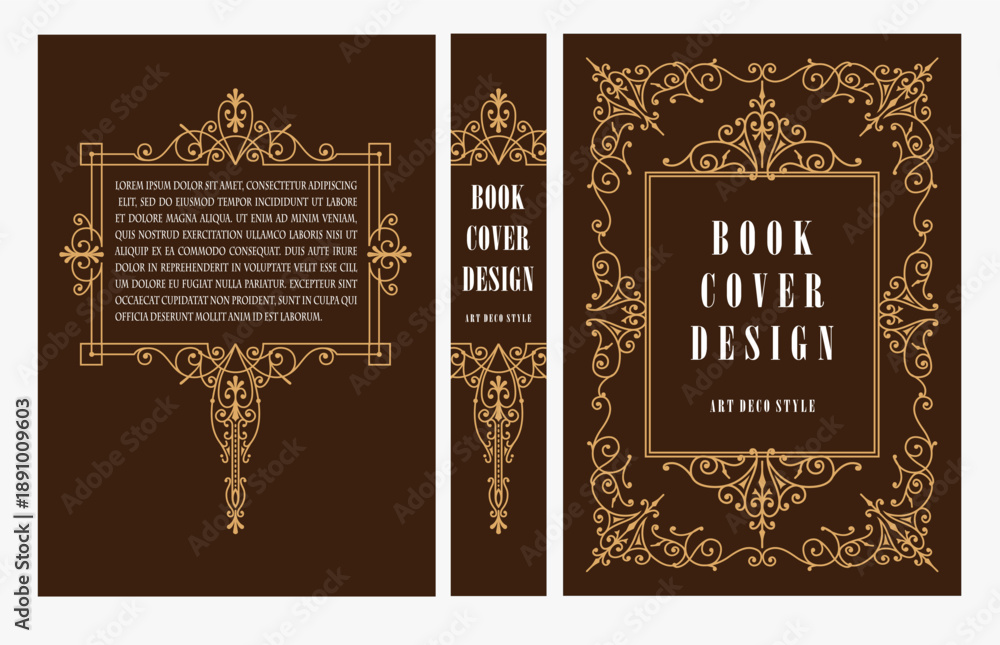 Fototapeta premium Classic vintage book cover and spine with gold and black art deco, art nouveau ornament, decorative frame, elegant retro style for classic publications, posters, artistic layouts