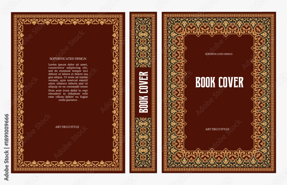Fototapeta premium Classic vintage book cover and spine with gold and black art deco, art nouveau ornament, decorative frame, elegant retro style for classic publications, posters, artistic layouts