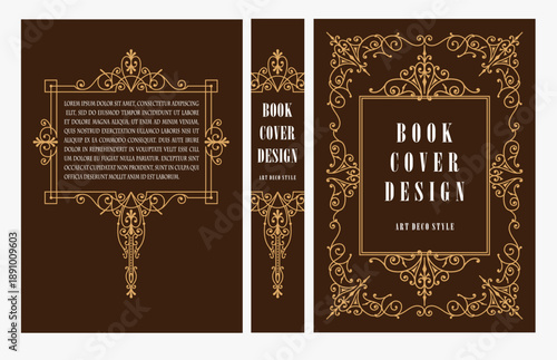 Classic vintage book cover and spine with gold and black art deco, art nouveau ornament, decorative frame, elegant retro style for classic publications, posters, artistic layouts