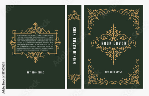 Classic vintage book cover and spine with gold and black art deco, art nouveau ornament, decorative frame, elegant retro style for classic publications, posters, artistic layouts