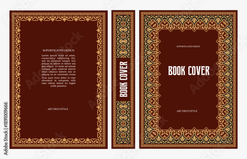 Classic vintage book cover and spine with gold and black art deco, art nouveau ornament, decorative frame, elegant retro style for classic publications, posters, artistic layouts