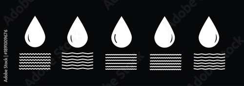 Black and white water droplet icon collection, minimalist drop shapes set for design, logo, rain, liquid, and vector illustration