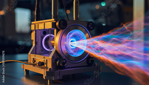 High-tech device emitting colorful plasma or laser beam, possibly for scientific experiments.
