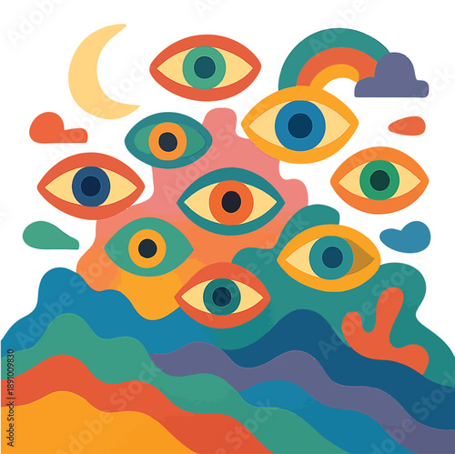 Surreal abstract vector illustration of colorful floating eyes in a dreamlike scene on a clean white background.
