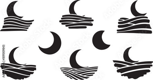 Black crescent moon and wave pattern on white background