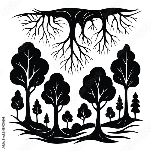 Surreal vector illustration of an abstract forest with upside-down trees, creating a whimsical and imaginative scene on white.