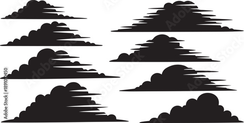 Collection of black cloud silhouettes on white background