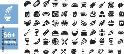 Collection of diverse black glyph icons representing food cooking and dining experiences