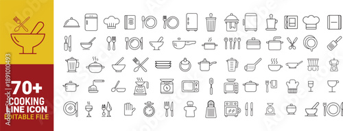 Collection of diverse cooking and kitchen related line icons bundle set