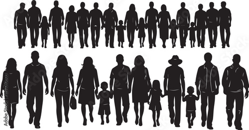 Diverse group of people walking together in silhouette style
