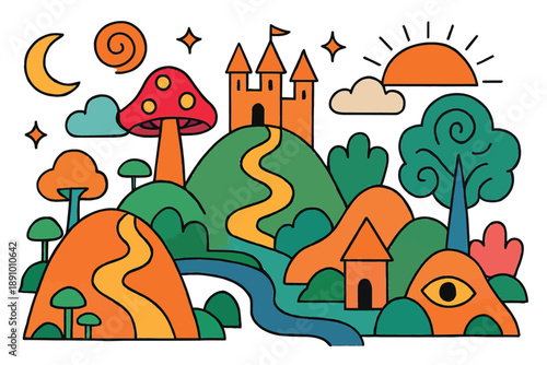 Quirky and surreal vector illustration of a non-linear fantasy landscape with impossible elements, challenging reality on a white background.